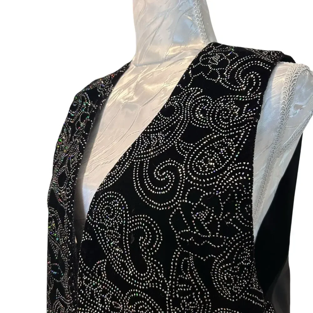 Vintage 80s Black Velvet Rhinestone Studded Vest Old Hollywood Medium